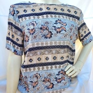 Women’s Floral Stripe Short-Sleeve Top - Blue & Tan